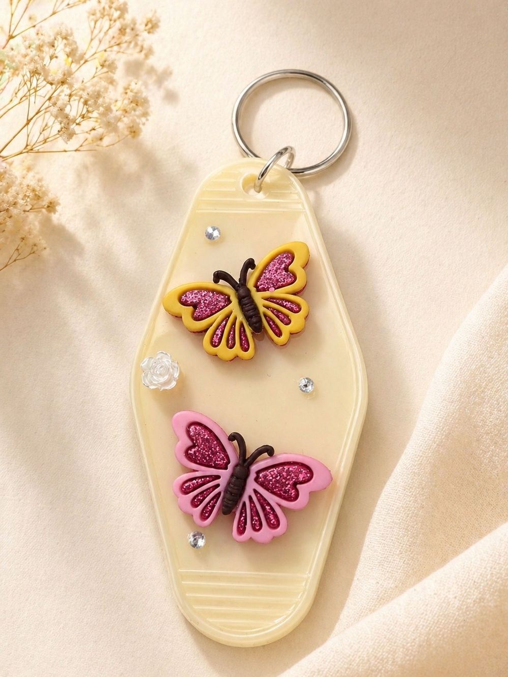 Vintage Hotel Style Butterfly Keychain - Pink & Yellow